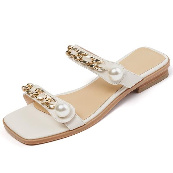 

sandals women's genuine leather double beading buckle chain decoration casual slip-on flats narrow band female beach, Black