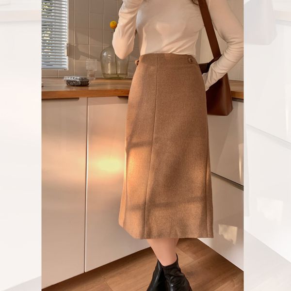 

2021 new women autumn temperament commuter mid-length woolen skirt v00z, Black