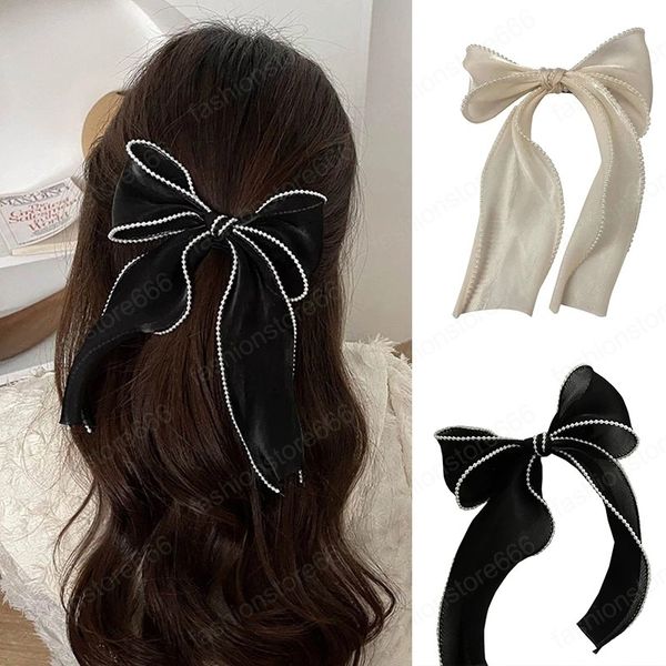 

girls fashion pearl streamer bows hair clips elegant pearl rim mesh barrettes ribbon wedding headwear hair accessories, Golden;silver