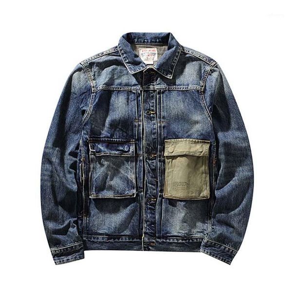 

men's jackets mcikkny men cargo trucker denim vintage washed outwear coats for male clothing patchwork big pockets, Black;brown
