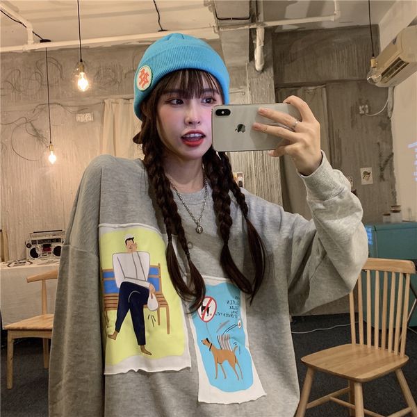 

2021 new loose fashion casual patch print fall sweatshirt drop shoulder long sleeve college style wejf, Black