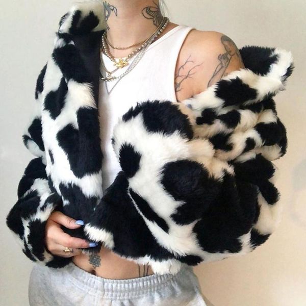 

women's jackets women winter faux fur short jacket goth punk cow print black white plush coat harajuku long sleeve turtleneck open fron, Black;brown
