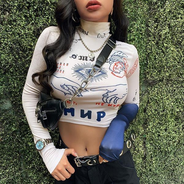 

women long sleeve t shirts turtleneck letters print slim skinny t-shirt fashion spring streetwear basic hip hop top, White