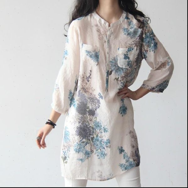 

johnature floral print cotton linen size s xxxl women long blouse 2021 new spring loose soft plus size long shirt, White
