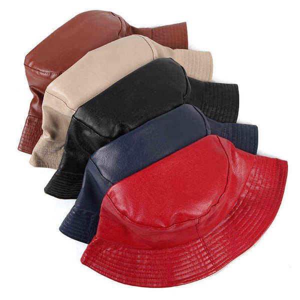 Кожаные женские ковш шляпа мода 2021 корея стиль черный красный женщина ведро шляпы Gorra Mujer Bob Capora Femme Fisherman Cap Y220301
