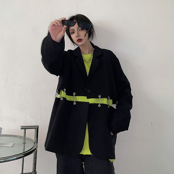 

spring autumn 2021 female sashes black button turn-down collar long-sleeved blazer coat single breasted loose blazer top, Black;brown