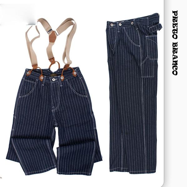 

men's jeans preto branco wide-leg striped loose railroad overalls ami khaki locomotive oqr, Blue