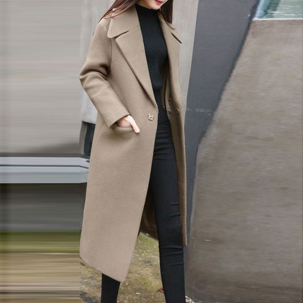

autumn women's wool pocket coat new fashion long woolen coat slim type solid female winter wool jackets female outwear#j30 h90j, Tan;black
