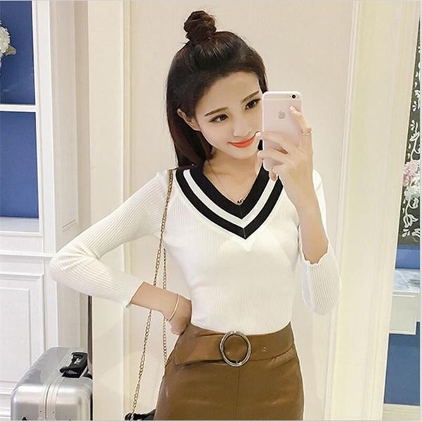 

women's sweaters 2021 women spring vestido v-neck full sleeves sweater pullovers office lady striped thin short, White;black