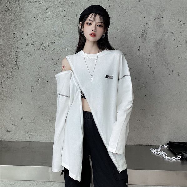 

2021 Top quality Autumn Harajuku Off Top Women Long Gothic Style t Shirt Split Tee White Mid-length Tshirts X4UH
