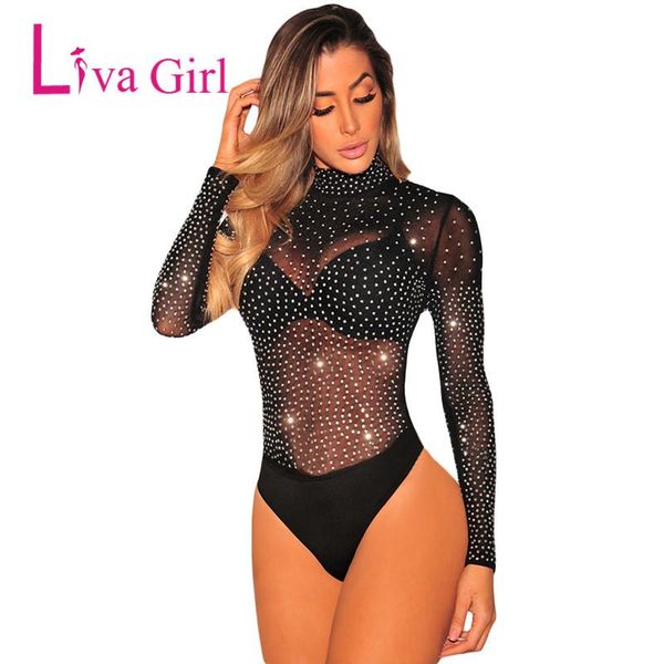 

women's jumpsuits & rompers liva girl black mock neck sheer bodysuit women perspective mesh silver studded daimonds jumpers and woman b, Black;white