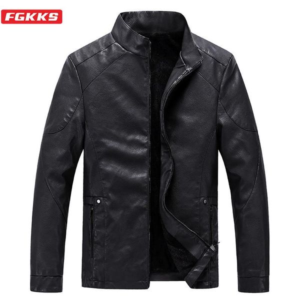 

men's fur & faux fgkks fashion winter leather jackets men brand thick pu jacket trend wash coat male, Black