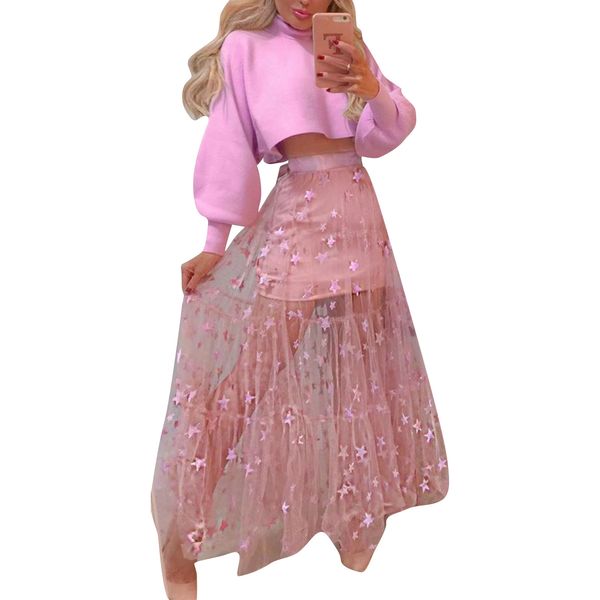 

2021 new women adults see-through pentagram pattern cover-up maxi skirt tulle skirt pink golden s m l xl, Black