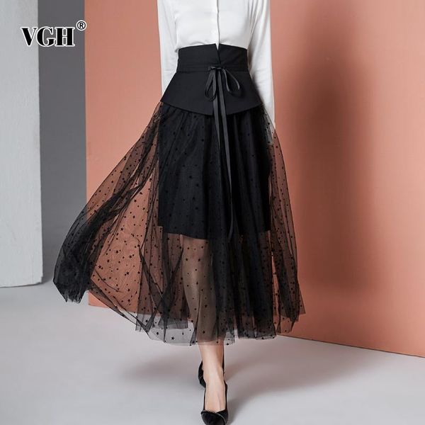 

skirts vgh black print dot skirt for women high waist lace up bowknot patchwork mesh elegant female 2021 summer fashion clothing