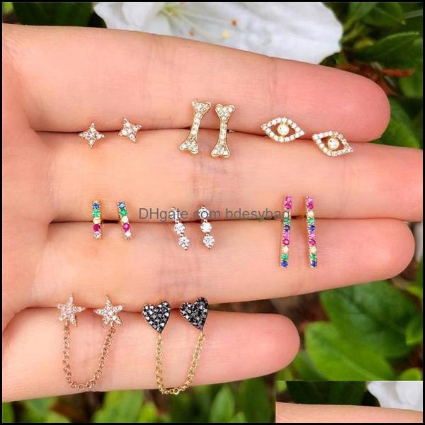 Stud JewelRystud Luokey Mulheres estrela Brincos de olho de cora￧￣o com strass Girls Rainbow Color Crystal Ear Studs Bijoux Earings J￳ias de moda D