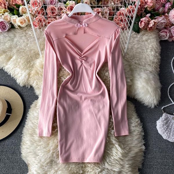 

casual dresses spring autumn retro young cheongsam with hollow chest and slim hip dress women uk549, Black;gray