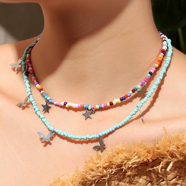 

pendant necklaces japanese and korean bohemian style color rice bead necklace collar female 2021 fashion trend butterfly star, Silver