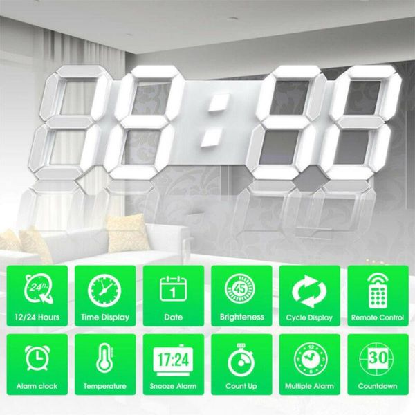 

office wall clock decor gift 3d modern white led 24/12 hour timer alarm