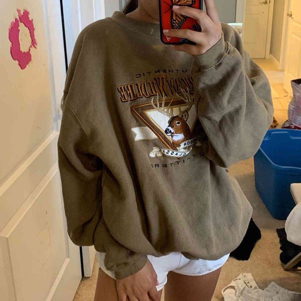 

women's hoodies & sweatshirts large embroidered herring sweatshirt of vintage female deer, loose casual with round turtleneck for autum, Black