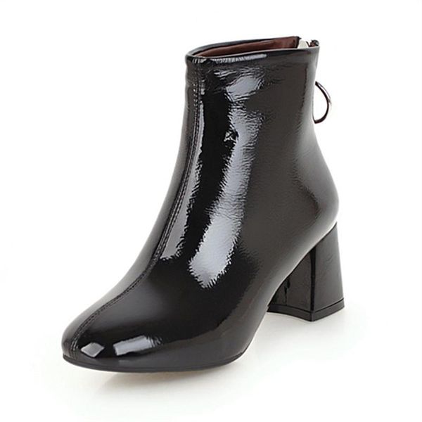 

boots autumn winter women square toe high heel ankle female patent leather booties ladies shoes zipper black 35-42
