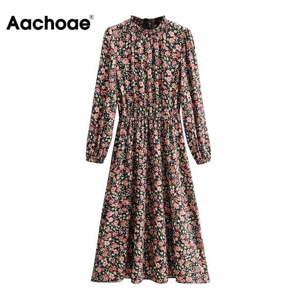 

casual dresses aachoae women long sleeve floral print elegant ruffled collar elastic waist chic dress female a-line vintage midi, Black;gray