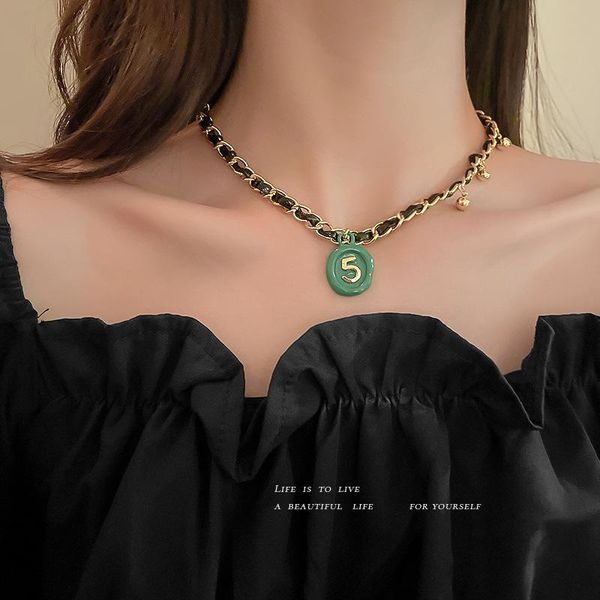 

chains fashion retro green white number 5 pendant necklace for women winding leather collar female korean of the clavicle chain, Silver