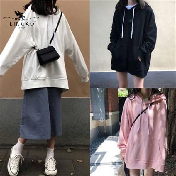 

women's hoodies & sweatshirts 2021 fall grunge hoodie for women sweetshirts solid harajuku long sleeve pocket t-shirt korean fashion c, Black
