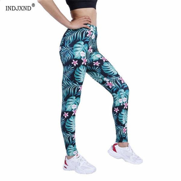 

women's leggings indjxnd women high waist slim leaves flowers printing gym 2021 stretch breathable fitness push up sport xxl pants, Black