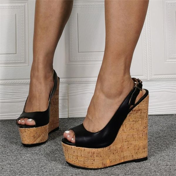 

womens wedge sandals wood high heels platform summer peep toe strap gladiator comfortable women sandals big size 41 42 43 45, Black