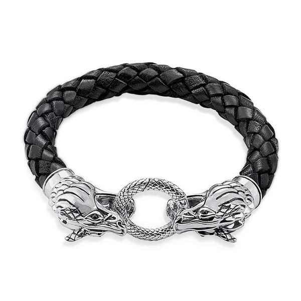 

cuff dragon head black leather bracelets for men boy,2021 spring punk rebel 925 silver fashion jewelry gift heart bijoux, White