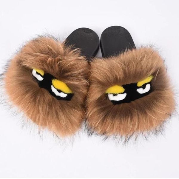 

slippers women style real genuine fur girl summer lovely fluffy shoes slides flat sandals, Black