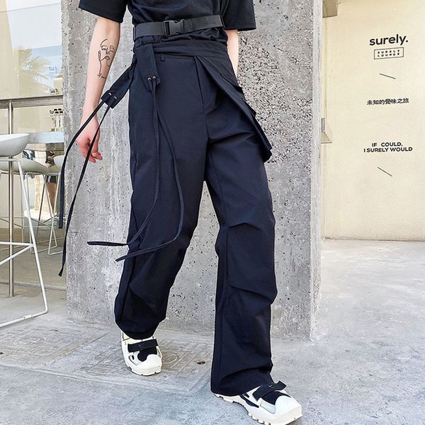 

men's pants men removable skirt casual straight pant male korea japan style streetwear hip hop white black functional long trousers s1k