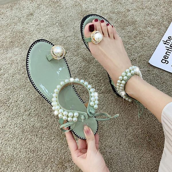 

slippers deat 2021 spring and summer fashion casua solid color clip toe pearl flat shoes beach for women sj910, Black