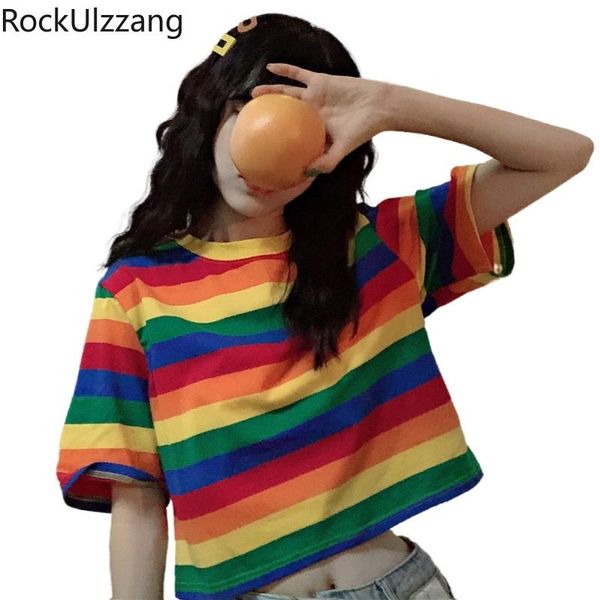

women's t-shirt rainbow contrast striped graphic short sleeve crop women student cute harajuku loose t shirt aesthetic tee cropped, White