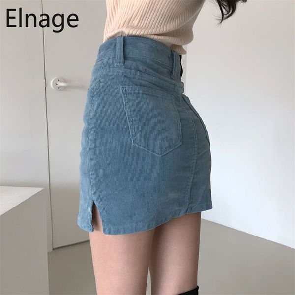 Coréia estilo chique retro faldas alta cintura magro jupe femme envoltório quadril saias azuis split corduroy preto a-linha saia mulheres mini 5b160 210311