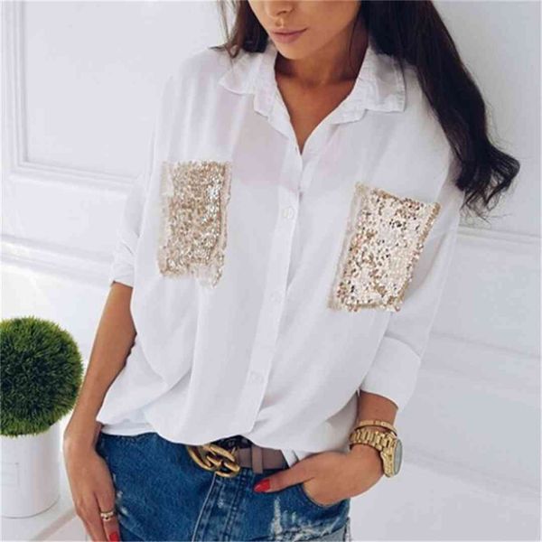 

hirigin fashion women shirt casual long sleeve chiffon chest sequined pocket long sleeve blouses loose female blouse, White