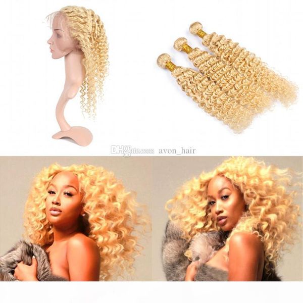 

blonde 613 brazilian deep wave virgin hair weaves with 360 frontal part pre plucked 360 frontal with blonde deep curly hair 3bundles, Black;brown
