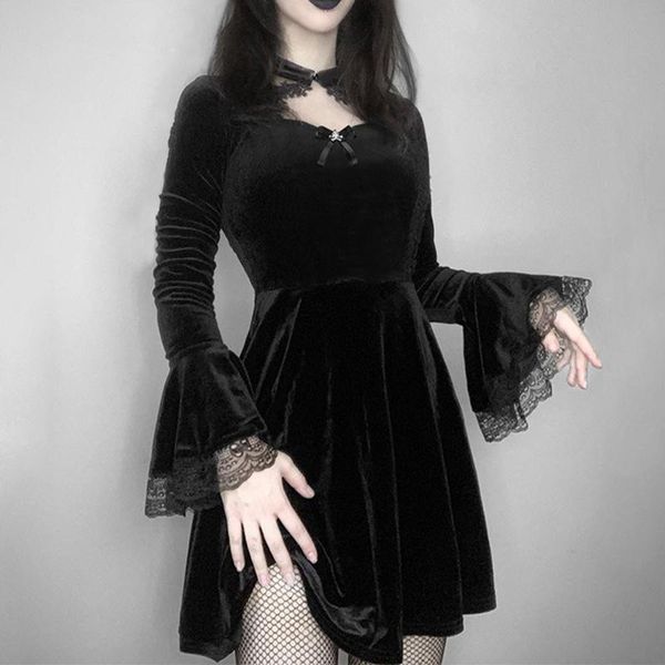 

casual dresses gothic black velevt dress autumn women high waist flare long sleeve patchwork lace hollow out mini party female, Black;gray