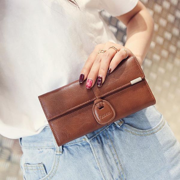 

wallets genuine leather ladies long wallet korean stitching tri-fold buckle multi card holder soft bag, Red;black