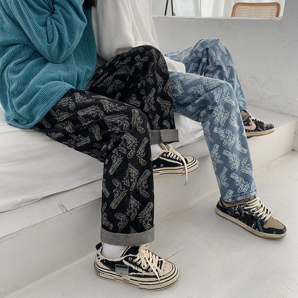 

men's new graphic printed jeans 2021 woman korean streetwear hip hop straight denim pants clothing fashion dk8k, Blue