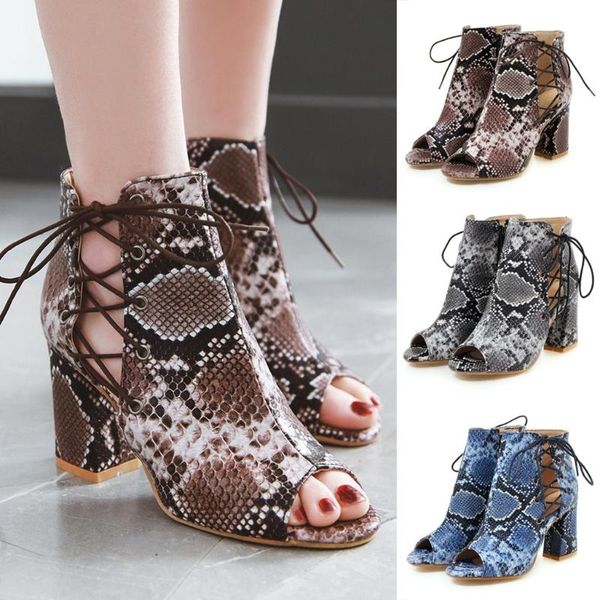 

women summer sandals open toe snake pu leather shoes woman zapatos mujer ladies chunky high heels pumps chaussure femme dropship, Black