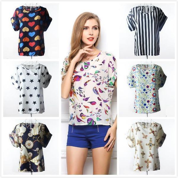 

womens plus size summer short sleeve colorful printed chiffon t shirt for female batwing loose tees size s-xxl drop ship, White