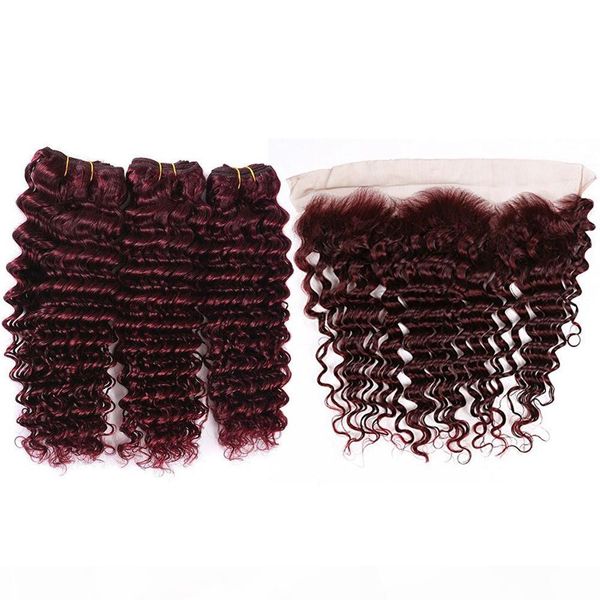 

pure 99j wine red indian human hair deep wave 3bundles with lace frontal deep wavy burgundy hair weaves with full lace closure 13x4, Black;brown