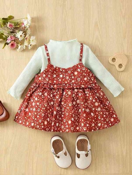 

baby mock neck tee & floral print frilled cami dress she, White