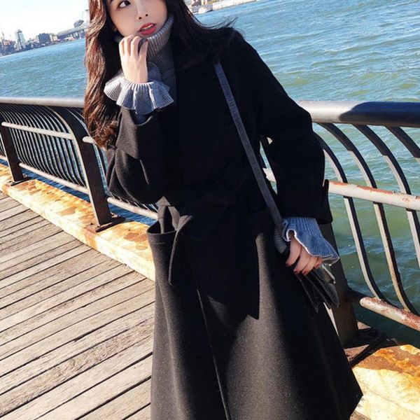 

women's wool & blends xuxi autumn winter 2021 women windbreaker fashion double breasted thick korean turn-down collar woolen coat fz295, Black