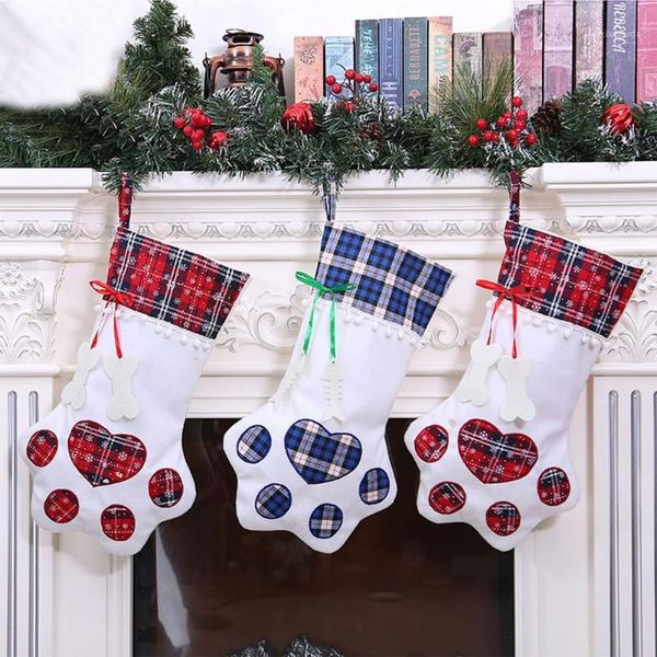 

christmas decorations dog stocking socks gift bag red or blue plaid socks.