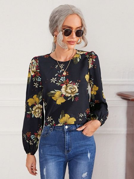 

keyhole back lantern sleeve floral print 20jx#, White