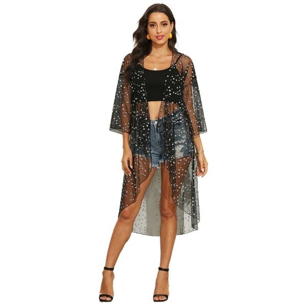 

women's swimwear a5kc womens 3/4 sleeves open front kimono cardigan metallic glitter star sequins print swimsuit cover up see through, White;black
