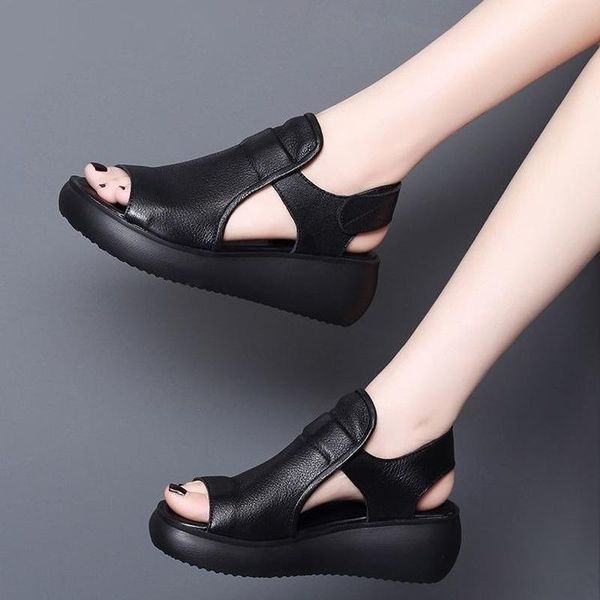 

sandals true soft leather thick-soled fish mouth ladies 2021 black openwork casual korean breathable joker open toe