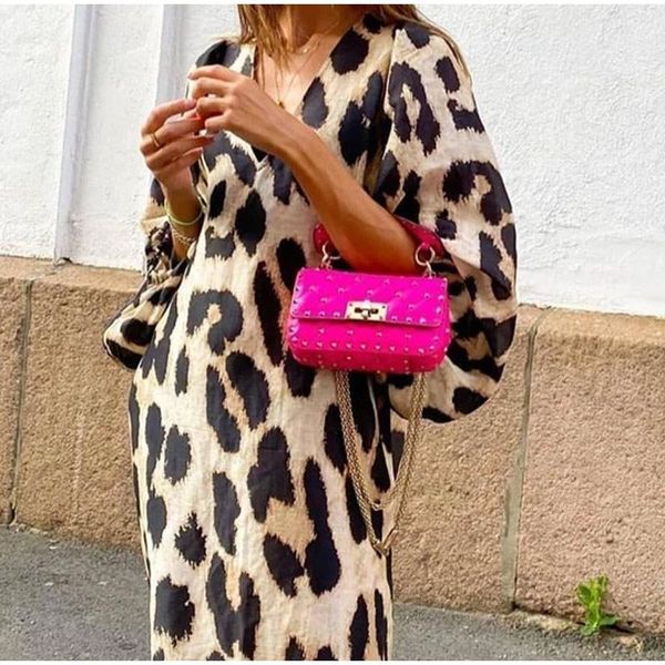 

casual dresses women maxi loose leopard print three quarter lantern sleeve v-neck vintage summer antumn clothes vestido streetwear, Black;gray